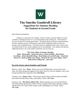 The Smythe Gambrell Library Suggestions for Summer Reading for Students in Second Grade