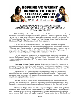 Bernard Hopkins Battles Winky Wright Saturday, July 21St at Mandalay Bay in Las Vegas Live on Pay-Per-View