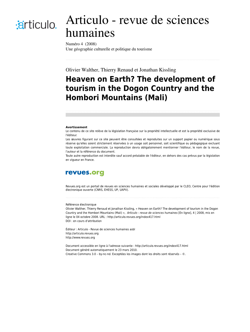 The Development of Tourism in the Dogon Country and the Hombori Mountains (Mali)