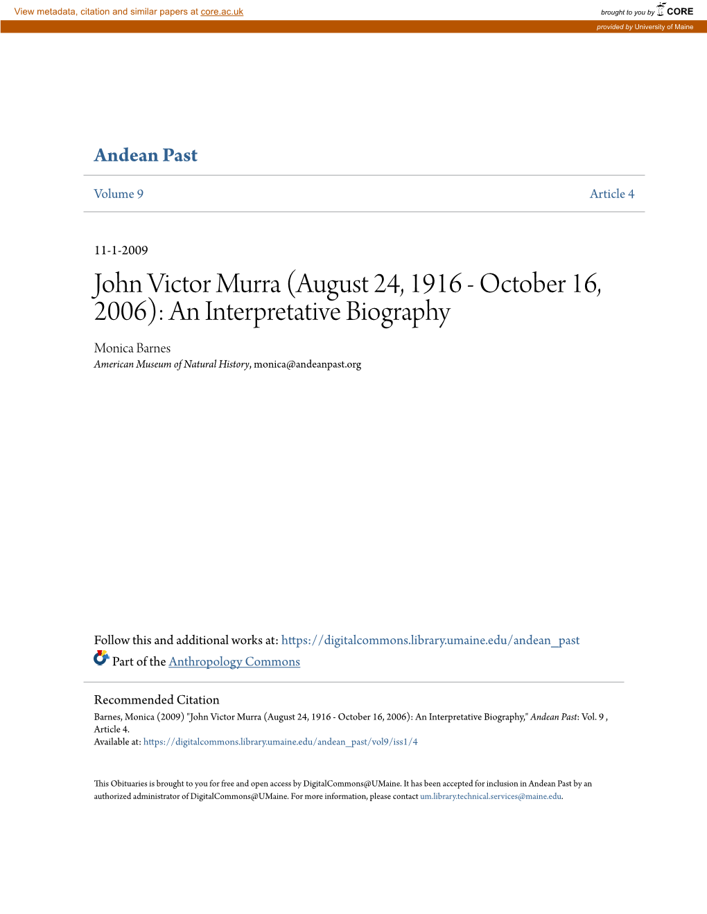 John Victor Murra (August 24, 1916 - October 16, 2006): an Interpretative Biography Monica Barnes American Museum of Natural History, Monica@Andeanpast.Org