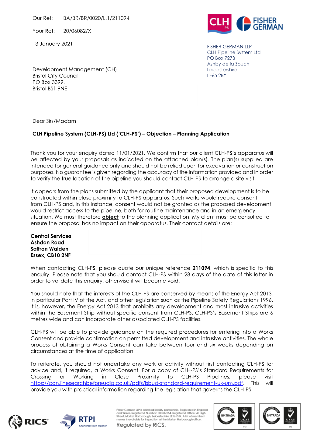 Thank You for Your Enquiry Dated 11/01/2021. We Confirm That Our Client CLH-PS’S Apparatus Will Be Affected by Your Proposals As Indicated on the Attached Plan(S)