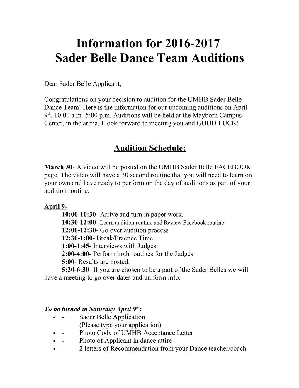 Sader Belle Dance Team Auditions