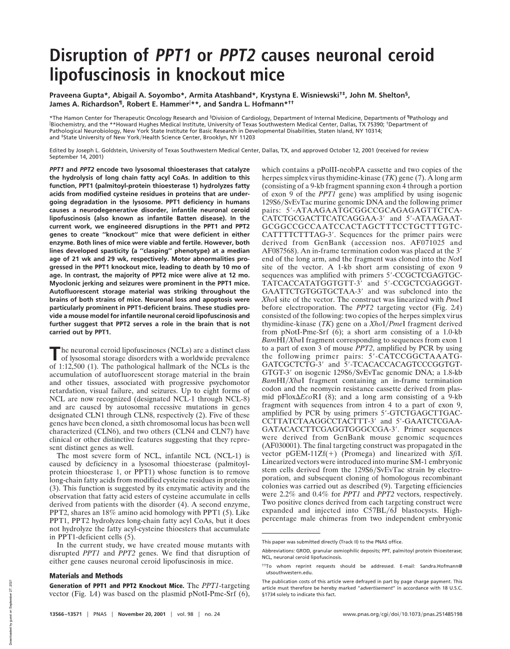 Disruption of PPT1 Or PPT2 Causes Neuronal Ceroid Lipofuscinosis in Knockout Mice