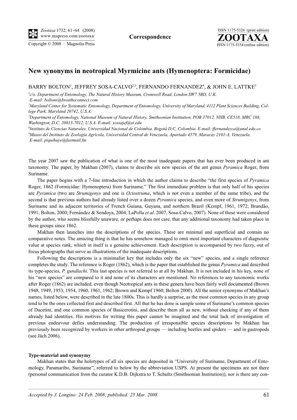 Zootaxa, New Synonyms in Neotropical Myrmicine Ants