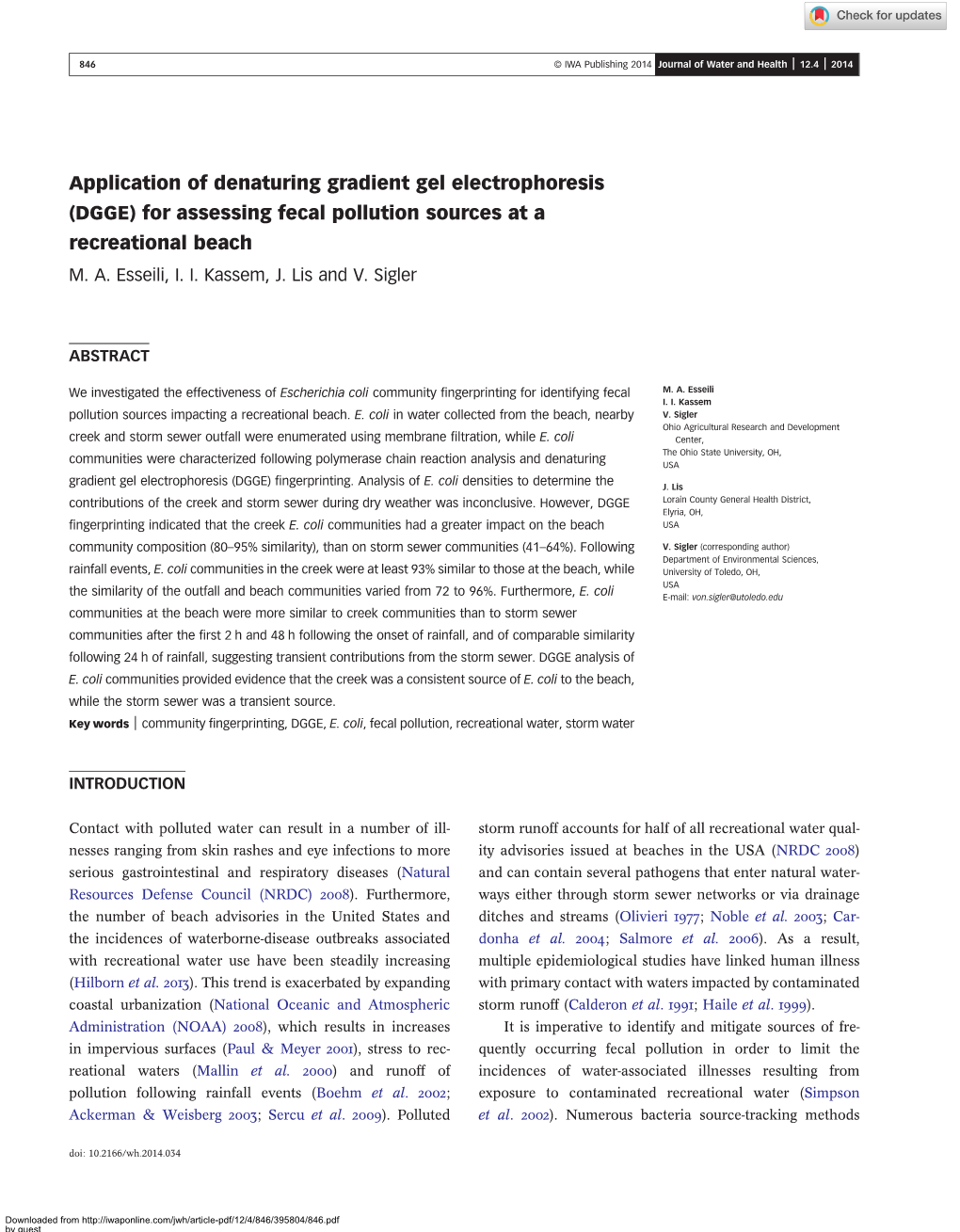 Application of Denaturing Gradient Gel Electrophoresis (DGGE) for Assessing Fecal Pollution Sources at a Recreational Beach M