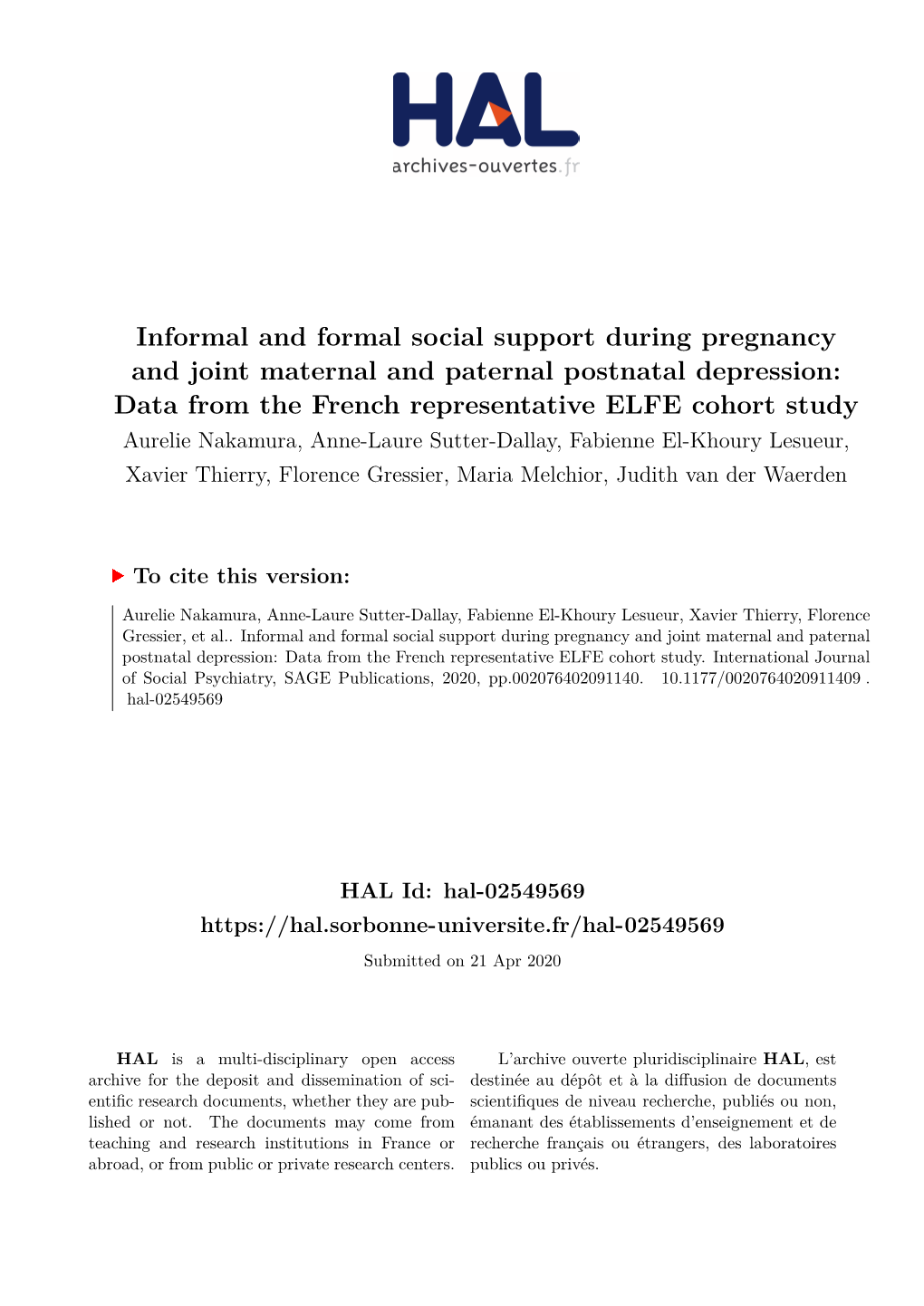 Informal and Formal Social Support During Pregnancy and Joint Maternal and Paternal Postnatal Depression
