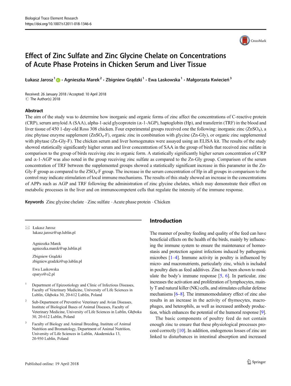 Effect of Zinc Sulfate and Zinc Glycine Chelate on Concentrations of Acute Phase Proteins in Chicken Serum and Liver Tissue