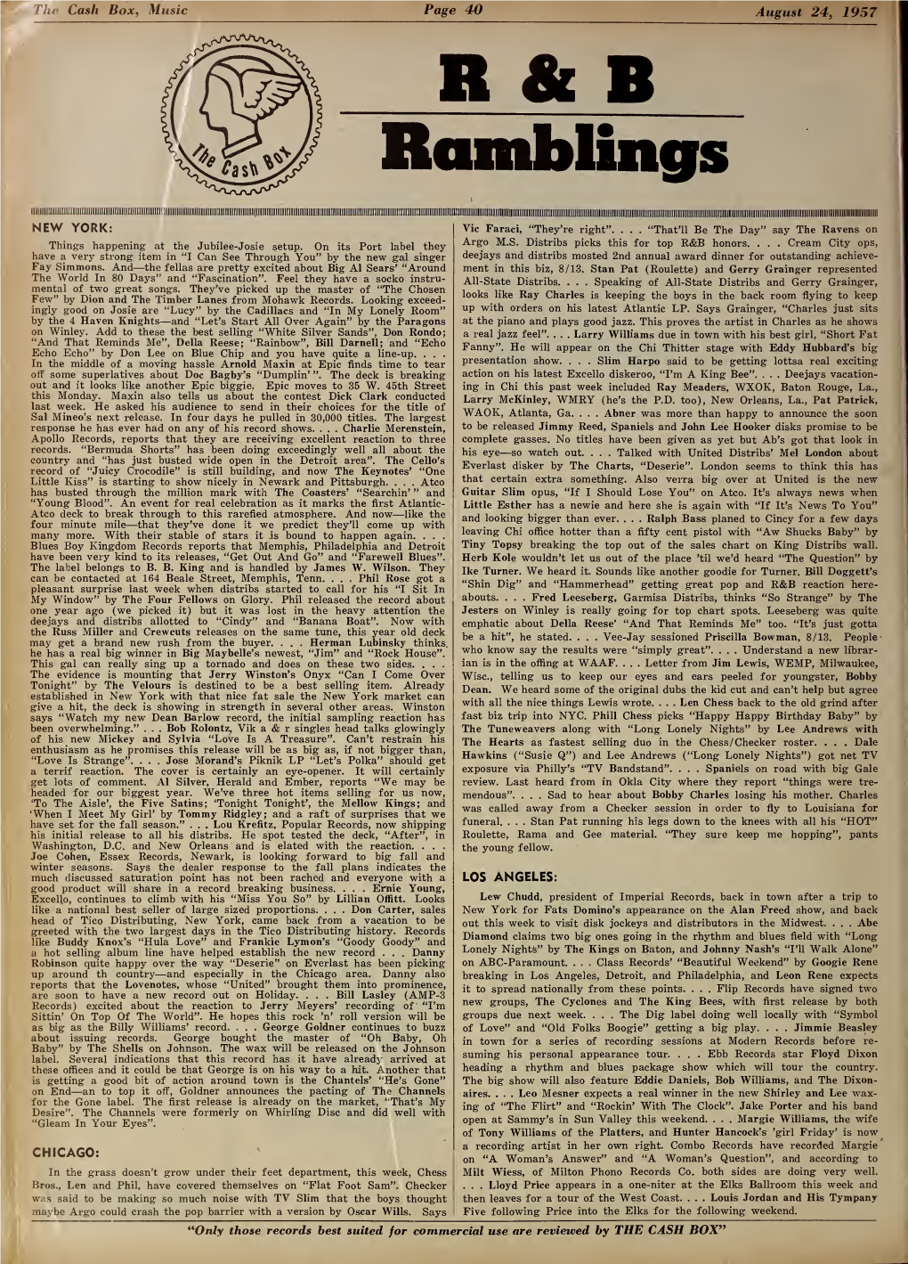 Cash Box, Music Page 40 August 24, 1957 B & B Rumblings