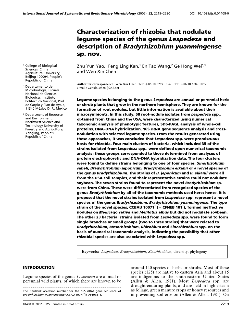 Characterization of Rhizobia That Nodulate Legume Species of the Genus Lespedeza and Description of Bradyrhizobium Yuanmingense Sp