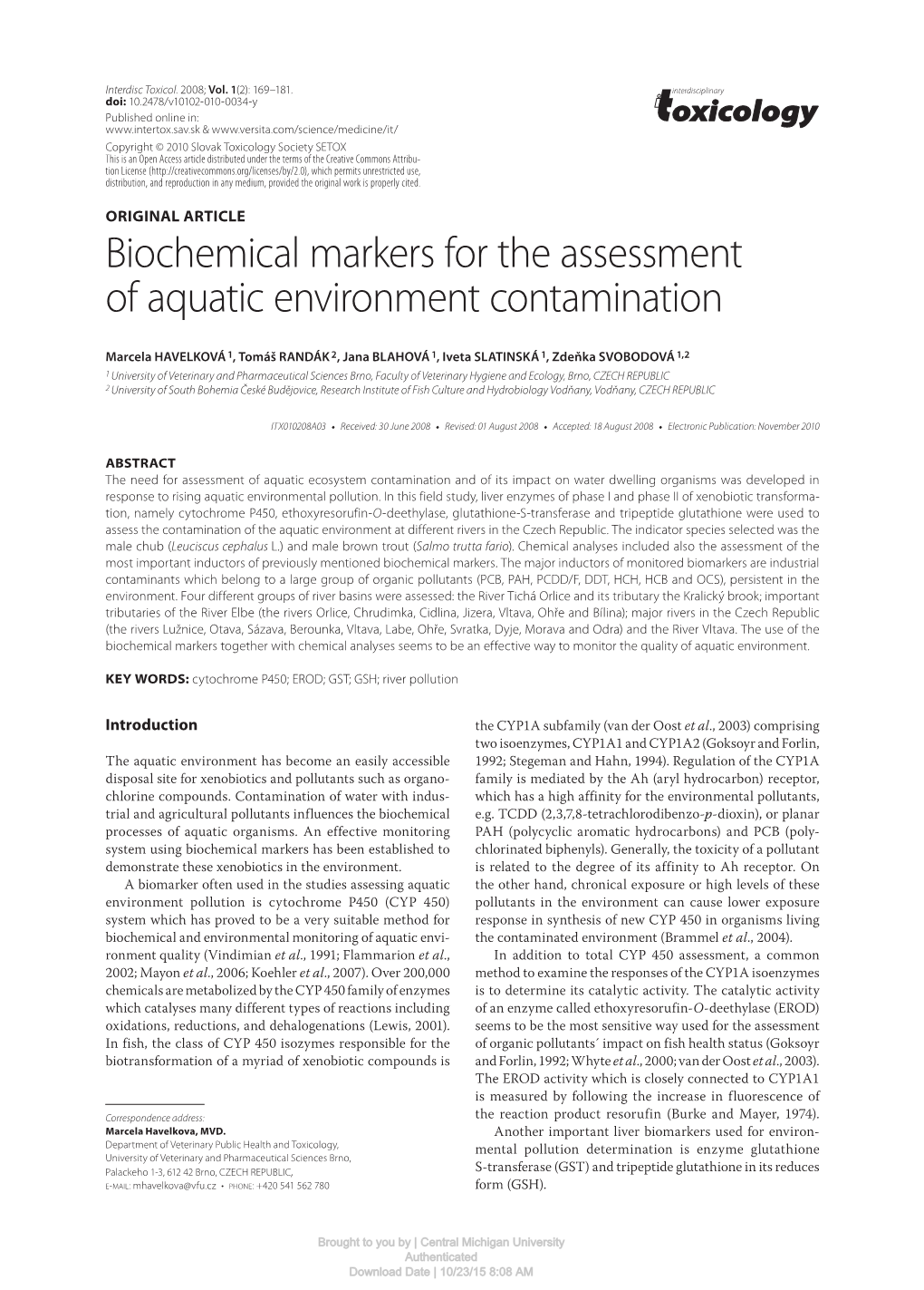 Biochemical Markers for the Assessment of Aquatic Environment Contamination