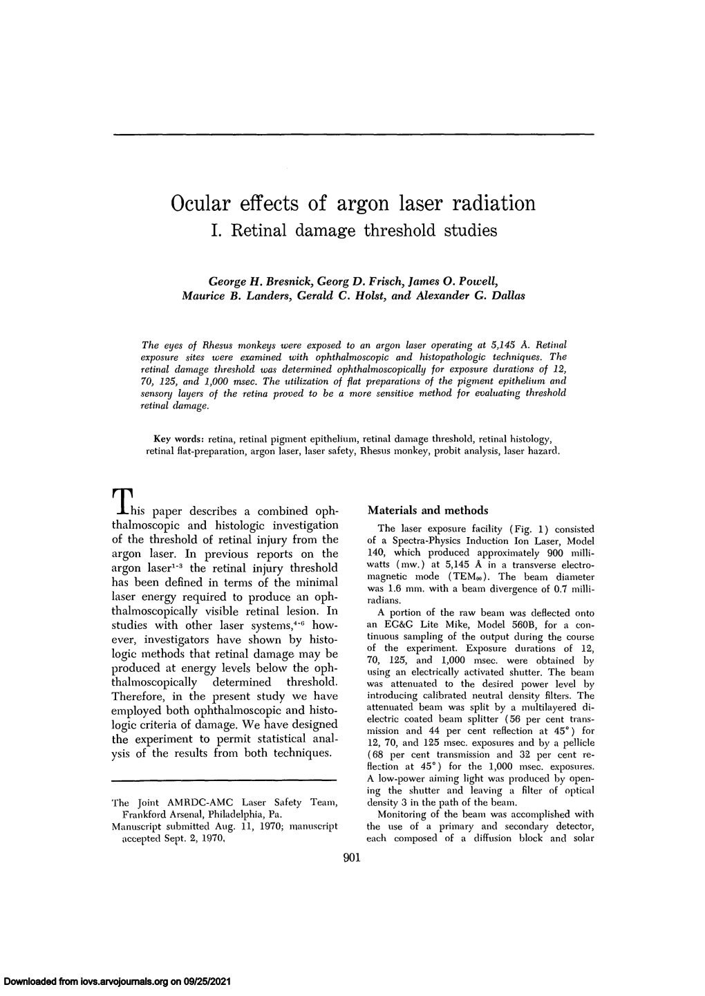 Ocular Effects of Argon Laser Radiation I
