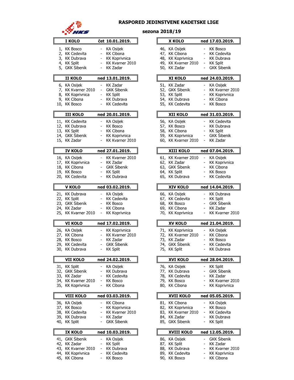 RASPORED JEDINSTVENE KADETSKE LIGE Sezona 2018/19