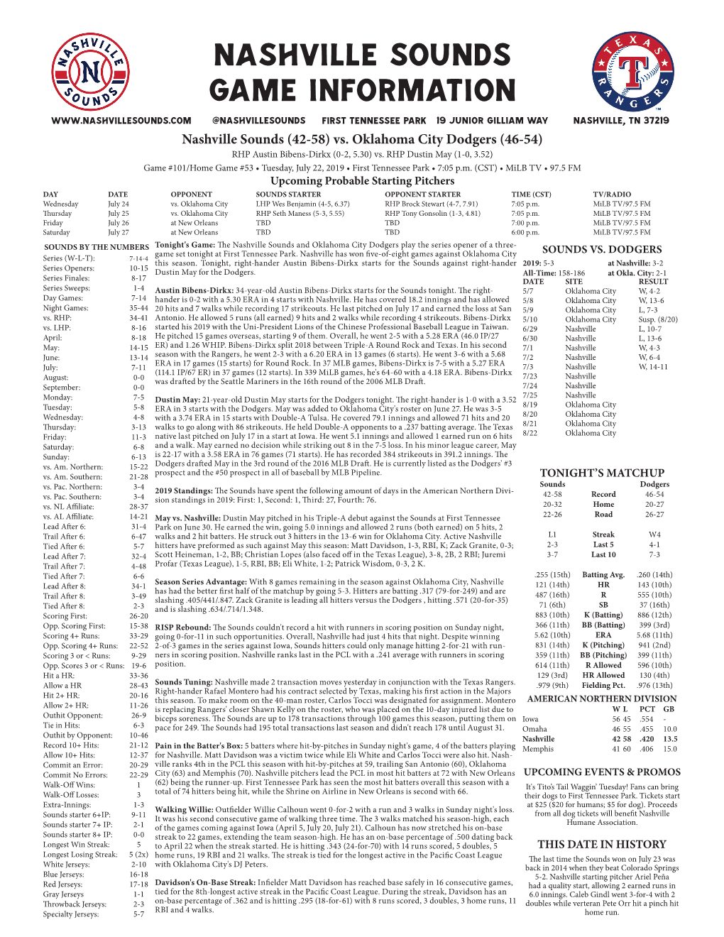 Nashville Sounds Game Information @Nashvillesounds First Tennessee Park 19 Junior Gilliam Way Nashville, TN 37219 Nashville Sounds (42-58) Vs