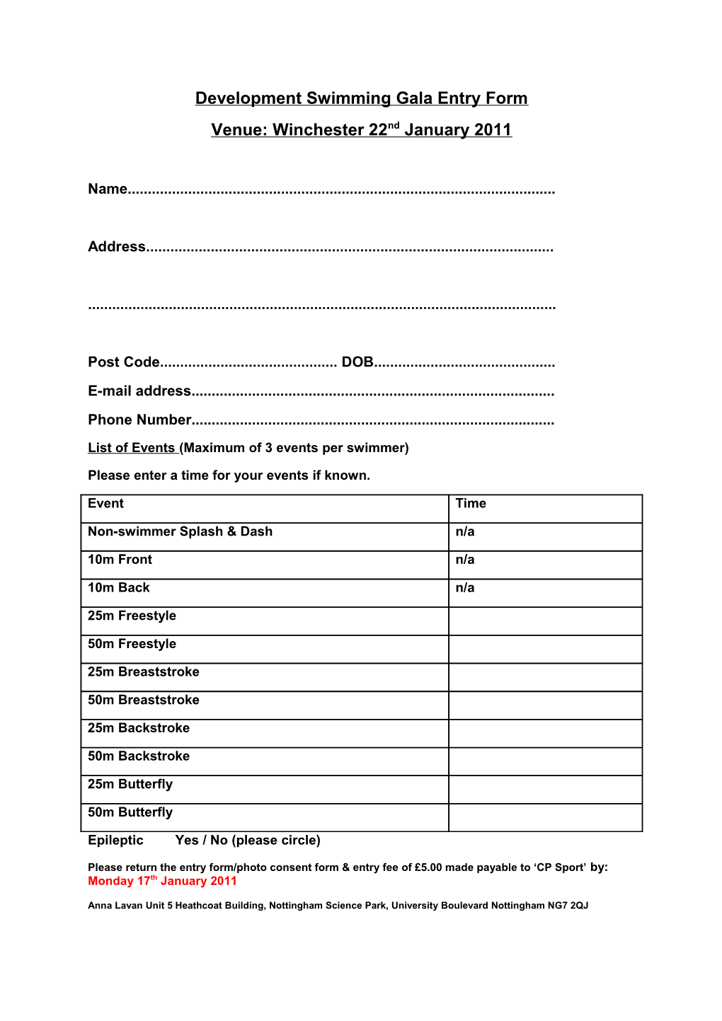 Development Swimming Gala Entry Form