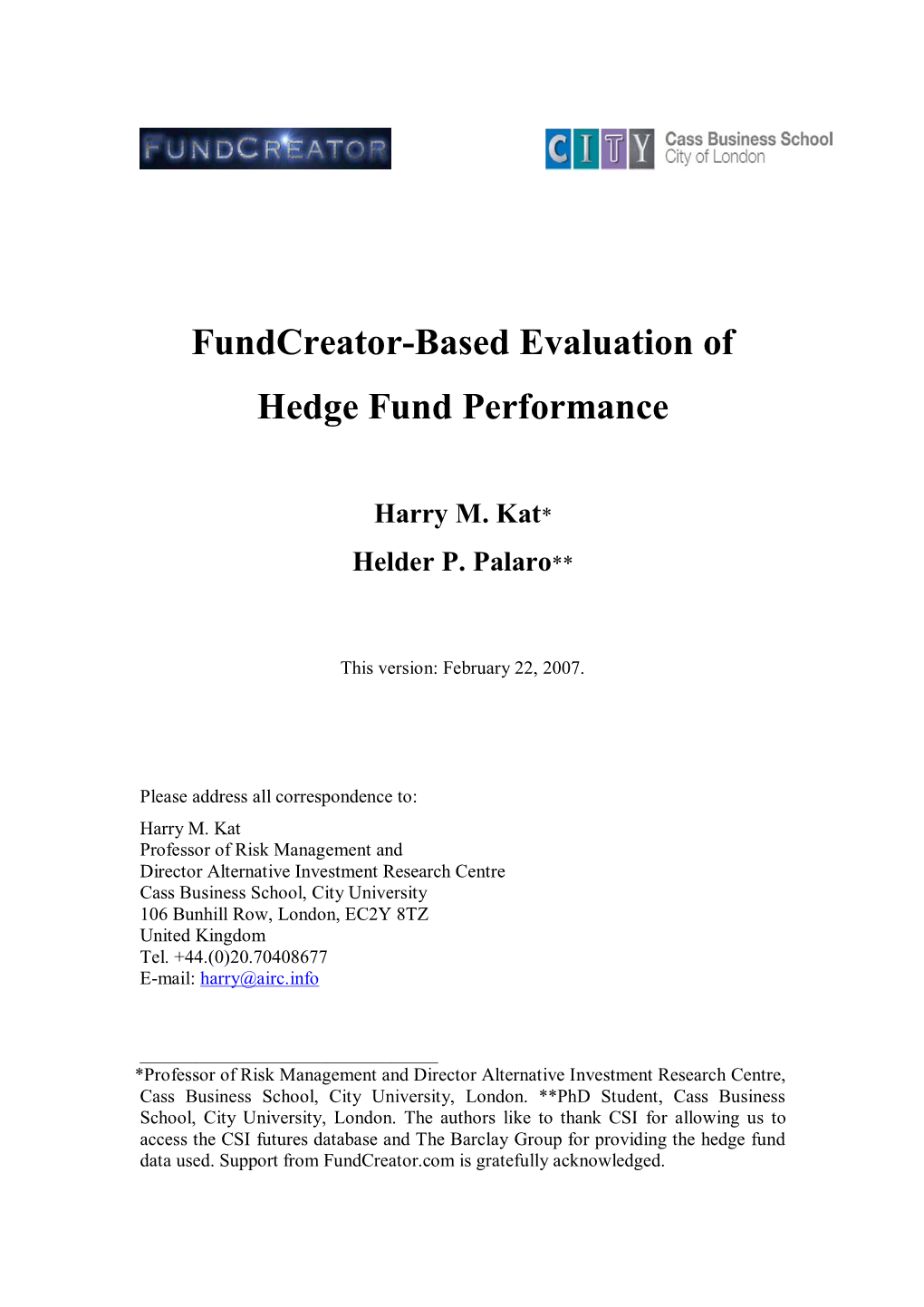 Fundcreator-Based Evaluation of Hedge Fund Performance