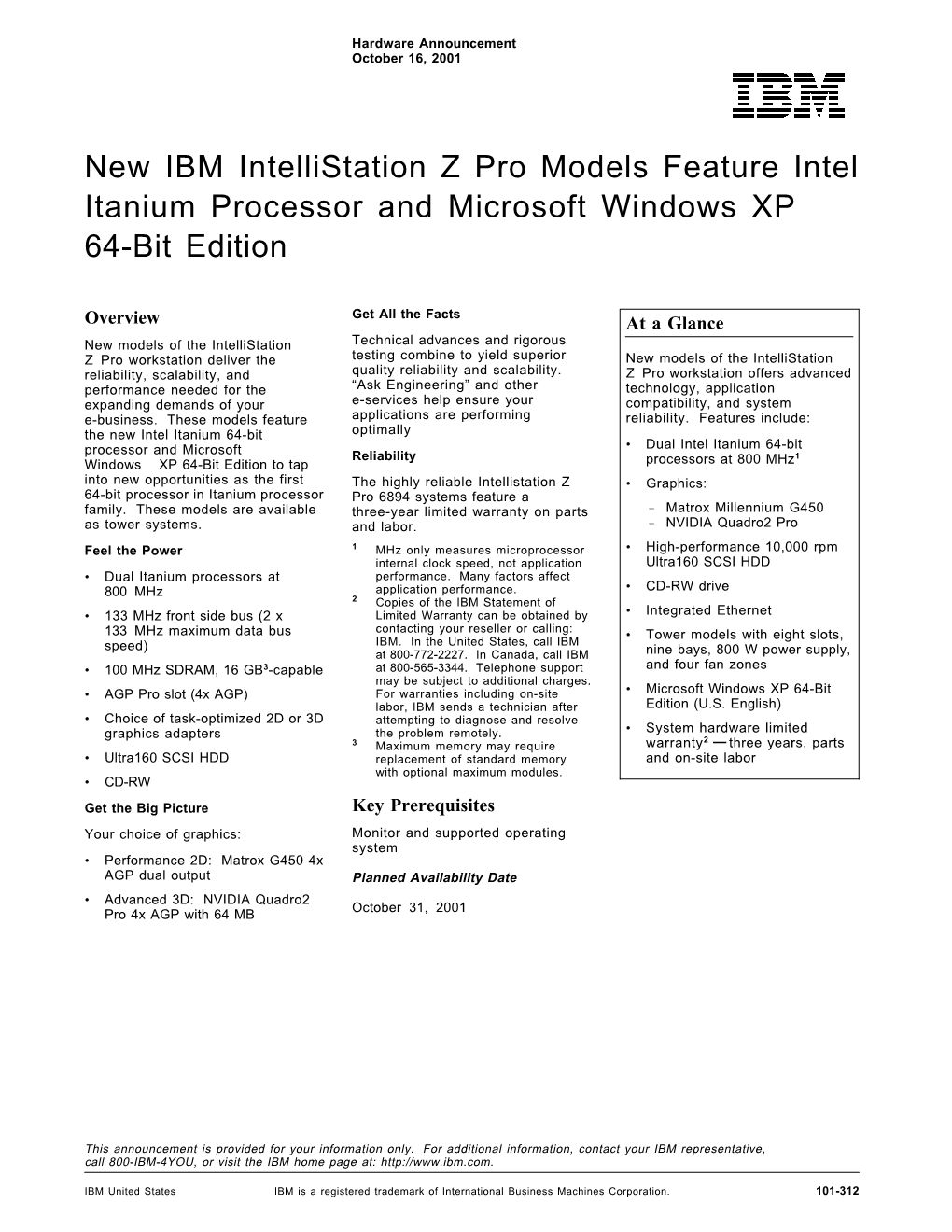 New IBM Intellistation Z Pro Models Feature Intel Itanium Processor and Microsoft Windows XP 64-Bit Edition