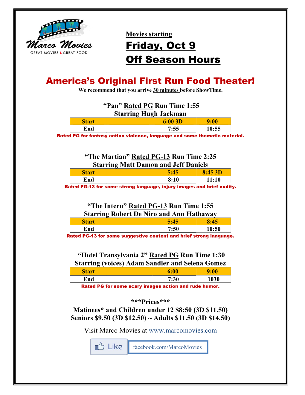 Friday, Oct 9 Off Season Hours