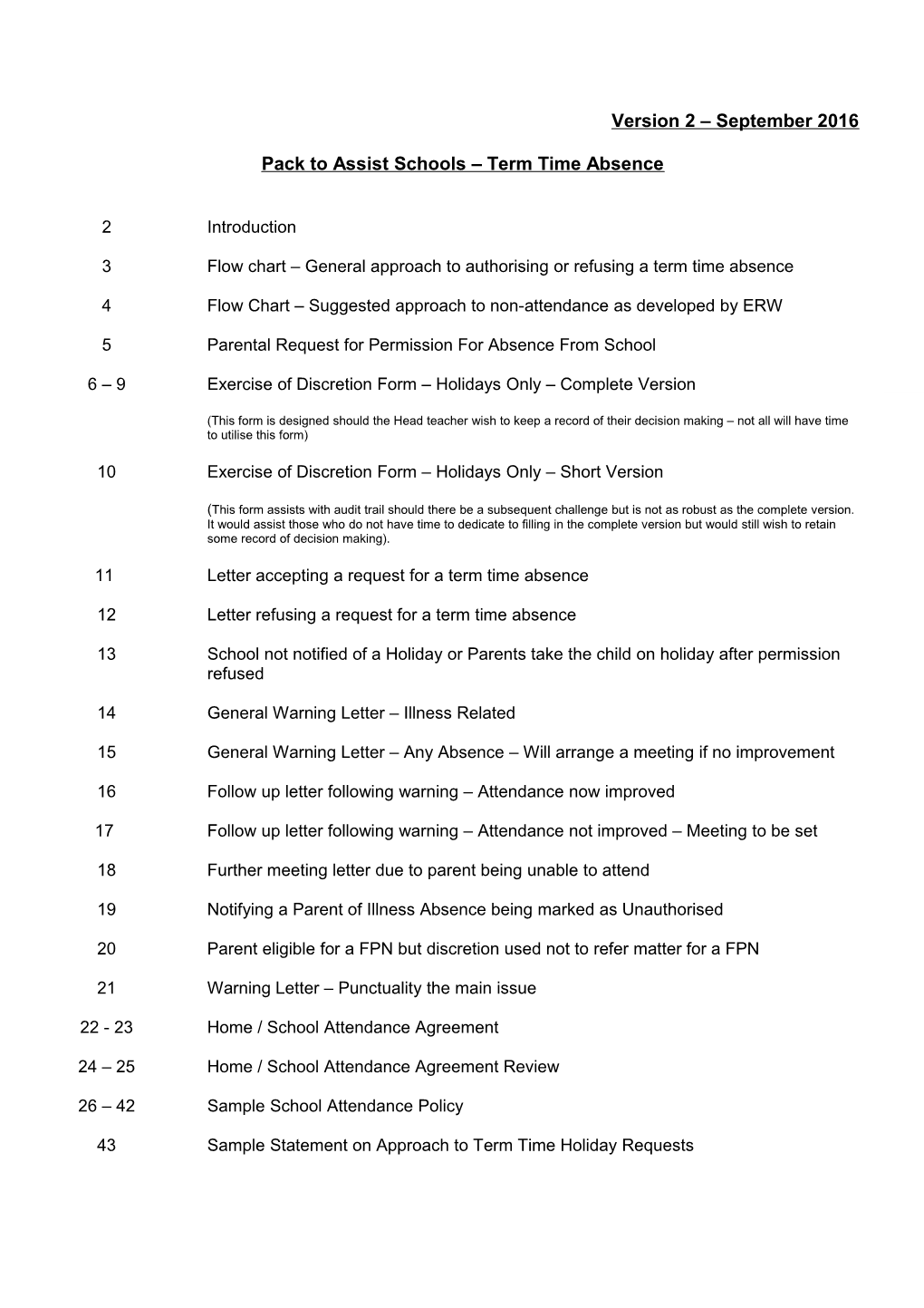 Pack to Assist Schools Term Time Absence