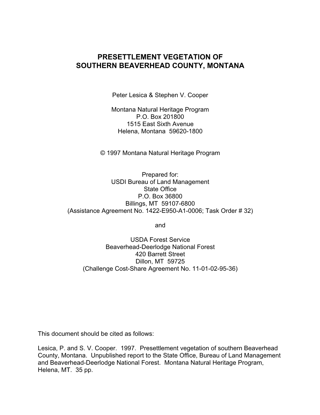 Presettlement Vegetation of Southern Beaverhead County, Montana