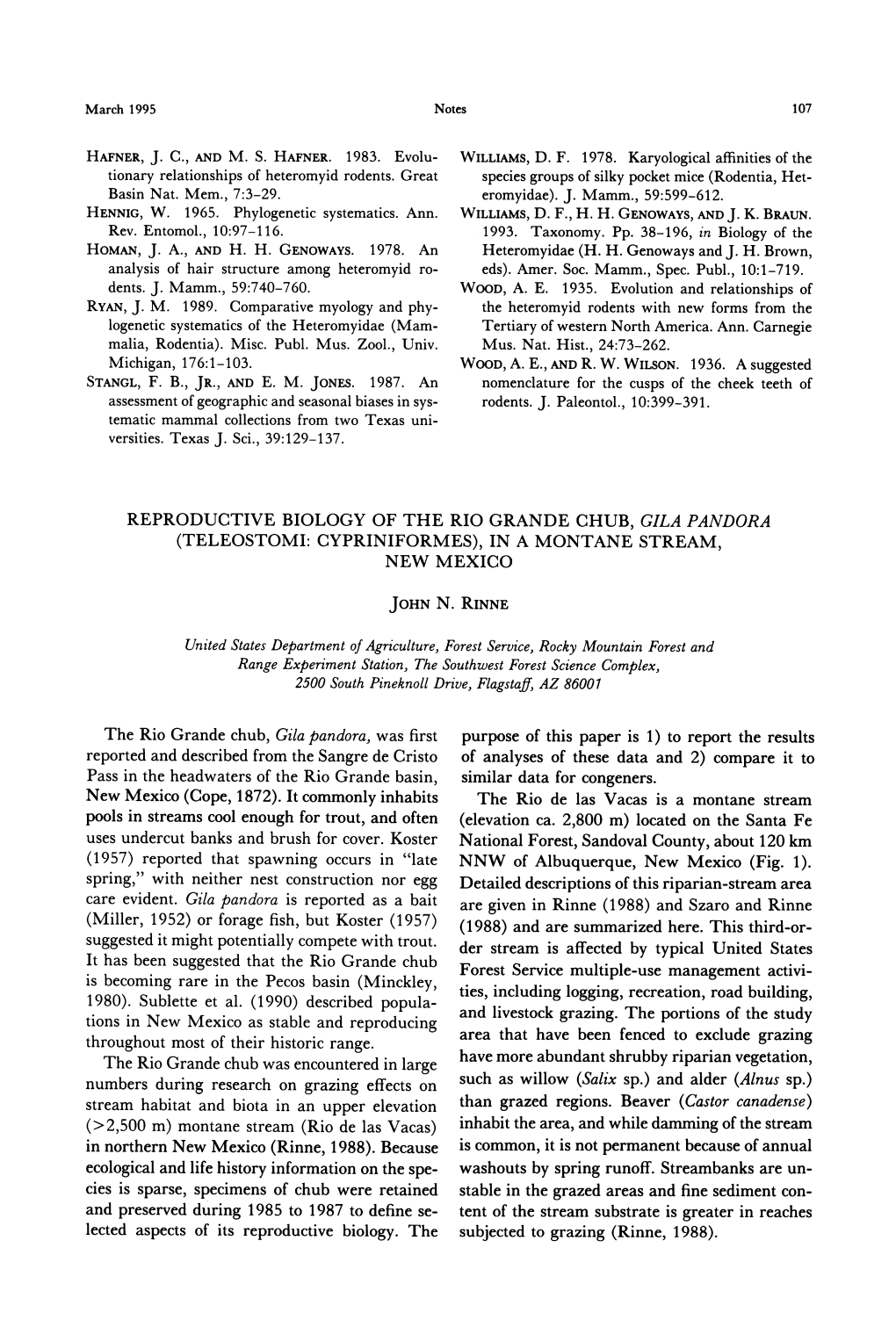 Reproductive Biology of the Rio Grande Chub, Gila Pandora (Teleostomi: Cypriniformes), in a Montane Stream, New Mexico