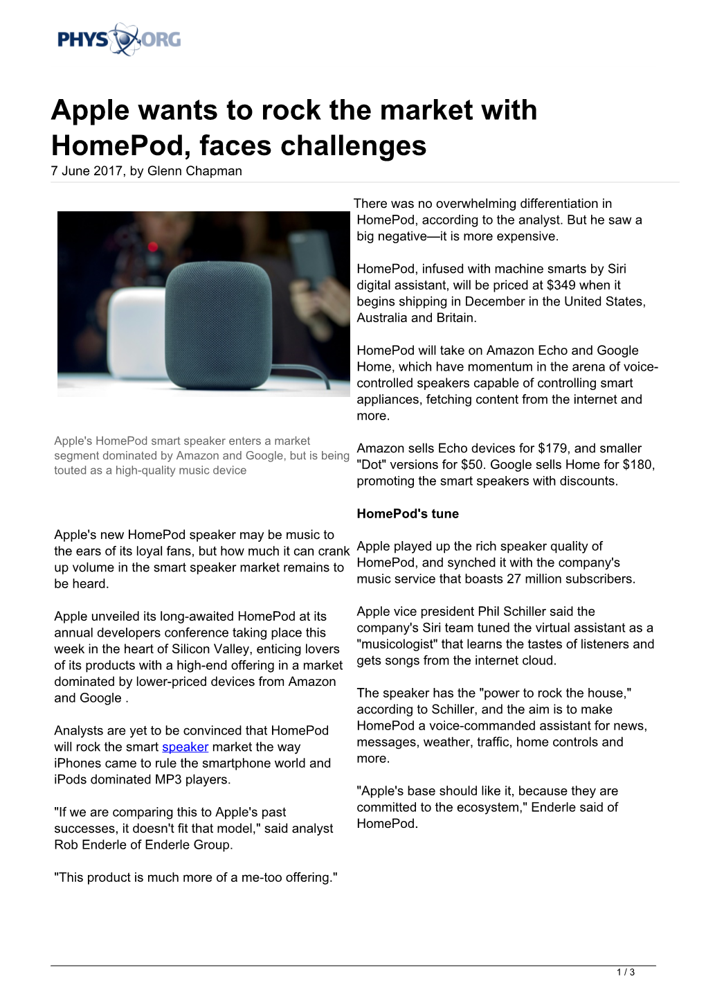 Apple Wants to Rock the Market with Homepod, Faces Challenges 7 June 2017, by Glenn Chapman