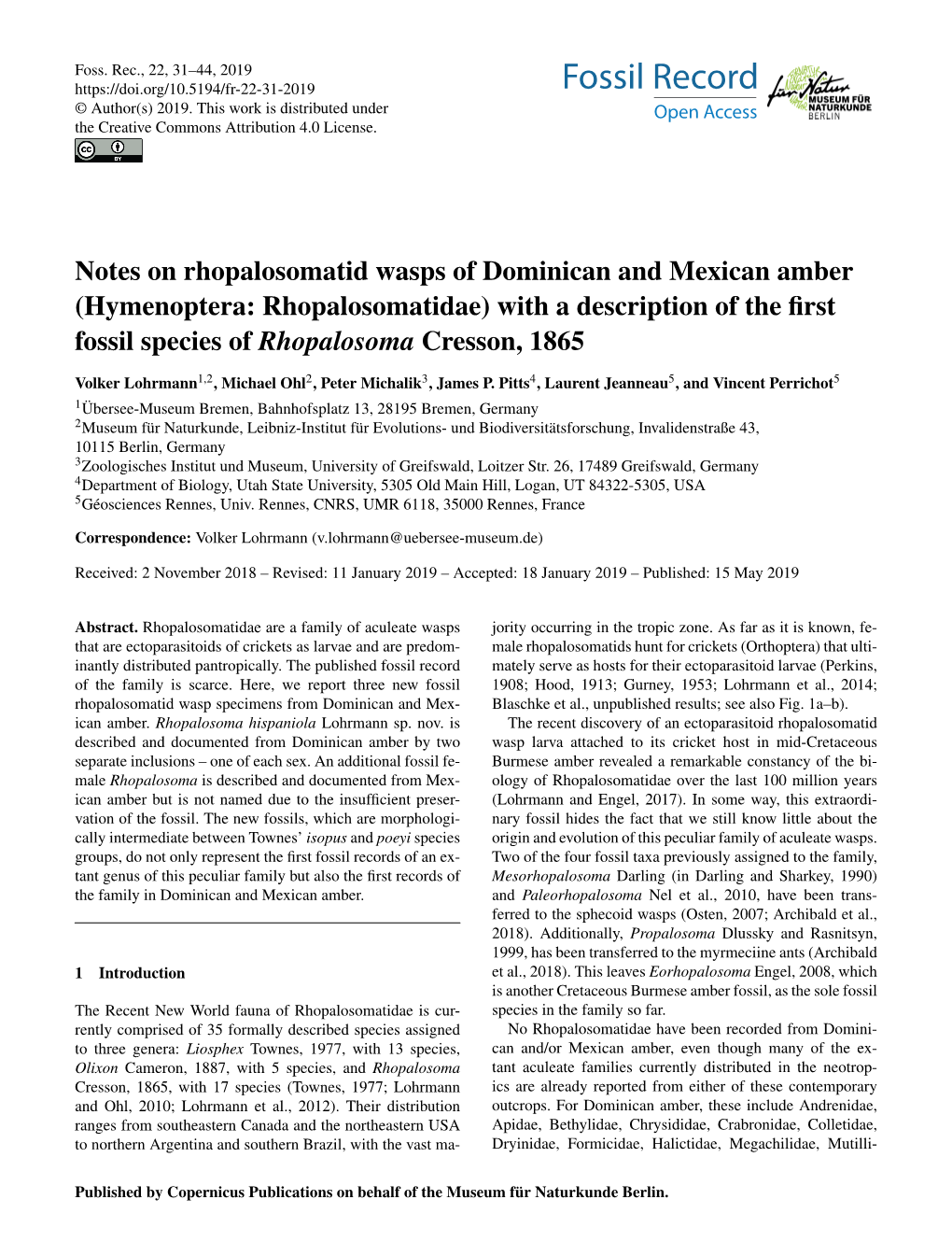 Notes on Rhopalosomatid Wasps of Dominican And