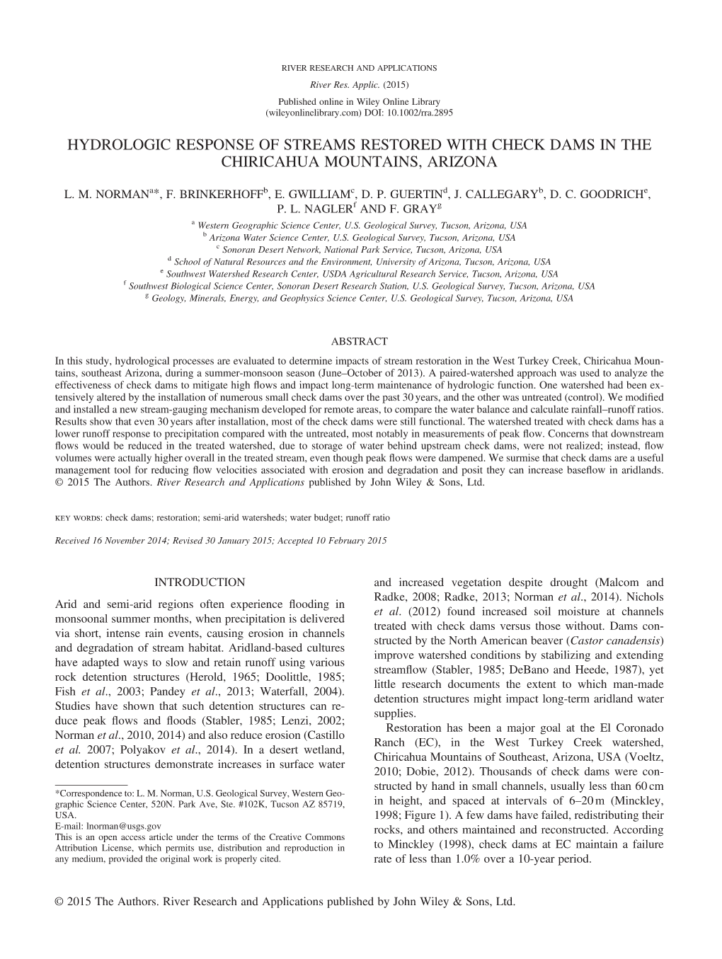 Hydrologic Response of Streams Restored with Check Dams in the Chiricahua Mountains, Arizona