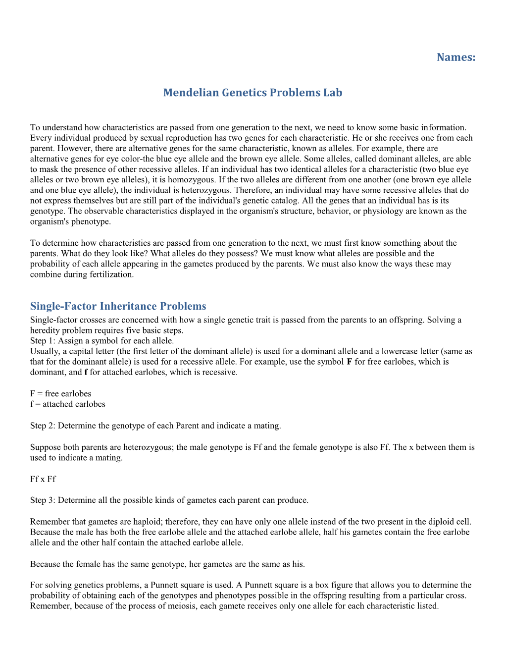 Mendelian Genetics Problems Lab