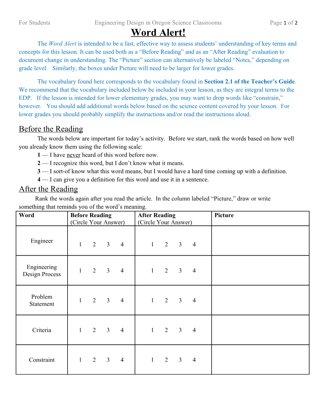 For Students Engineering Design in Oregon Science Classrooms Page 2 of 2 s1