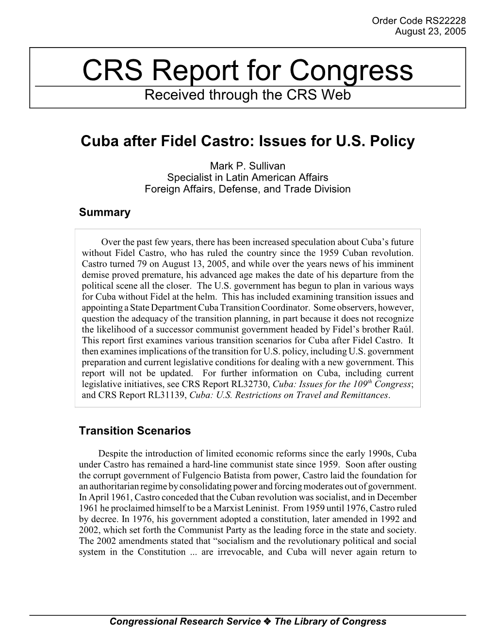 Cuba After Fidel Castro: Issues for U.S