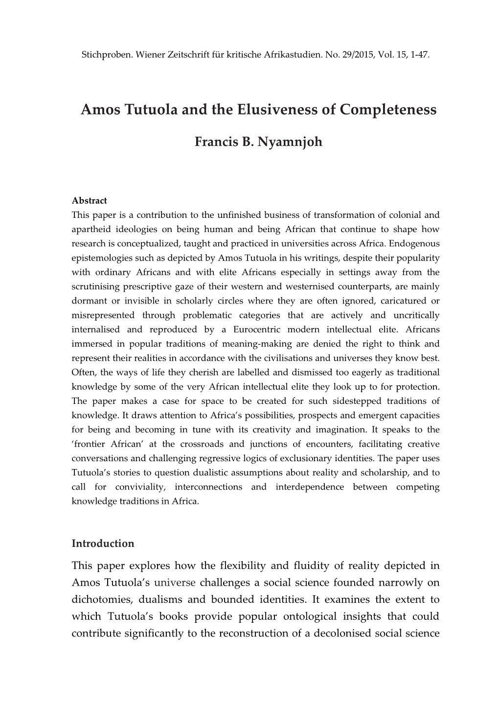 Amos Tutuola and the Elusiveness of Completeness