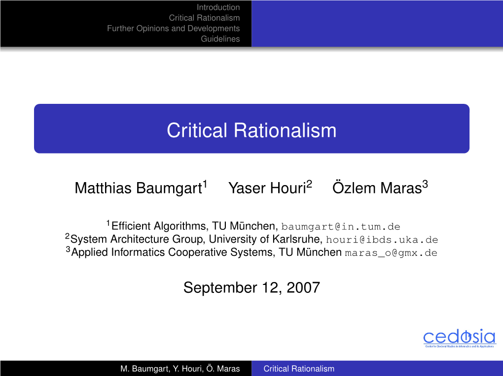 Critical Rationalism Further Opinions and Developments Guidelines