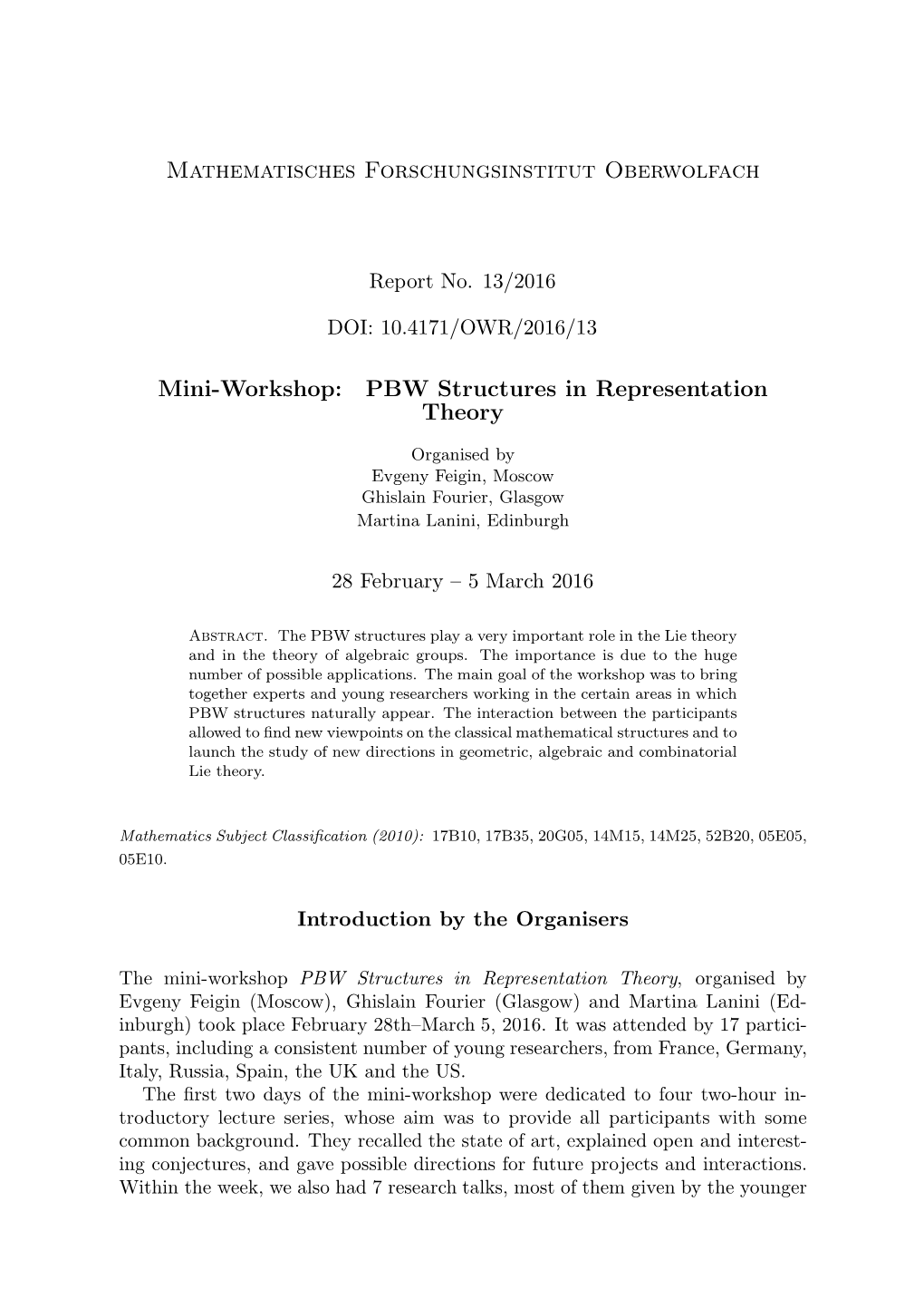 Mini-Workshop: PBW Structures in Representation Theory