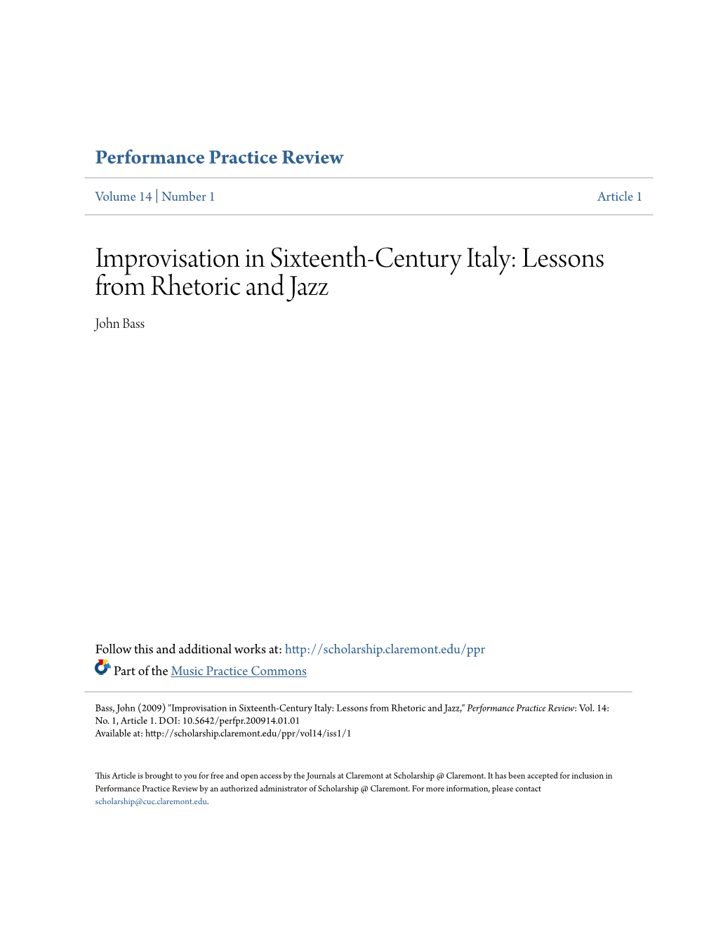 Improvisation in Sixteenth-Century Italy: Lessons from Rhetoric and Jazz John Bass