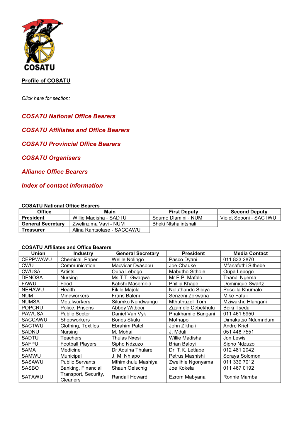 COSATU National Office Bearers COSATU Affiliates and Office