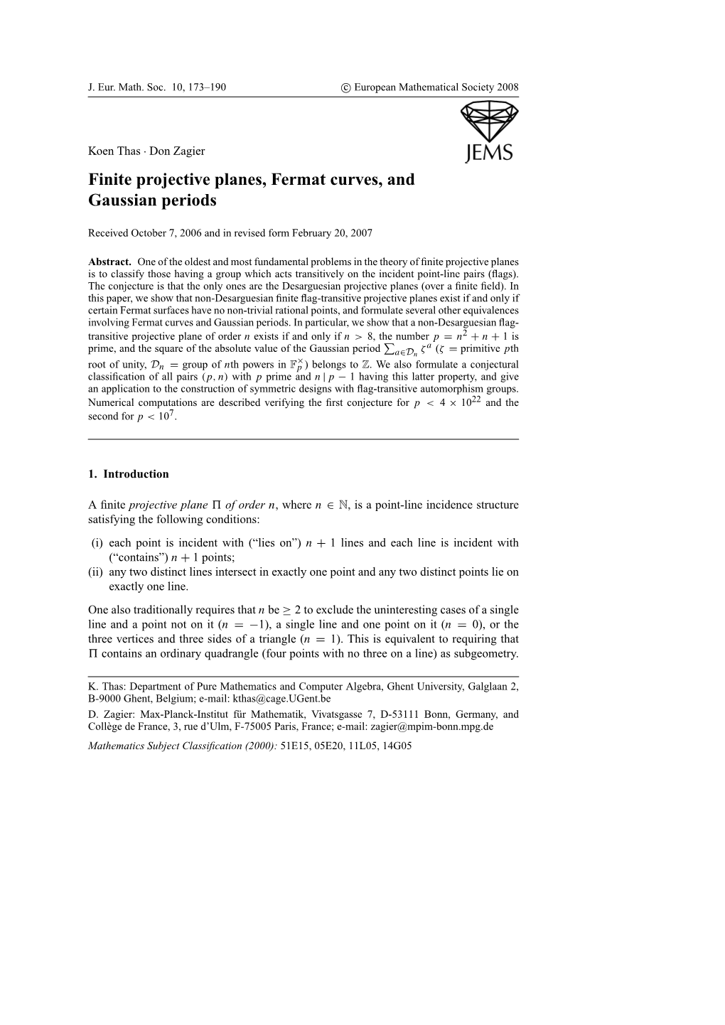 Finite Projective Planes, Fermat Curves, and Gaussian Periods