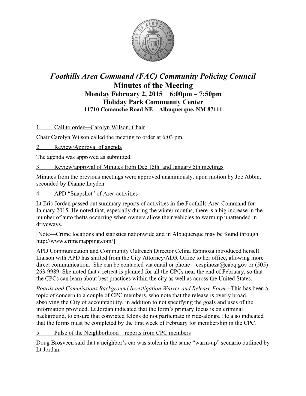 Foothills Area Command (FAC) Community Policing Council