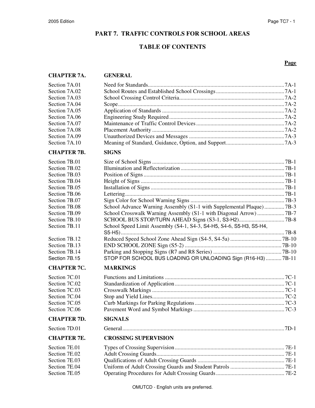 Part 7. Traffic Controls for School Areas Table Of