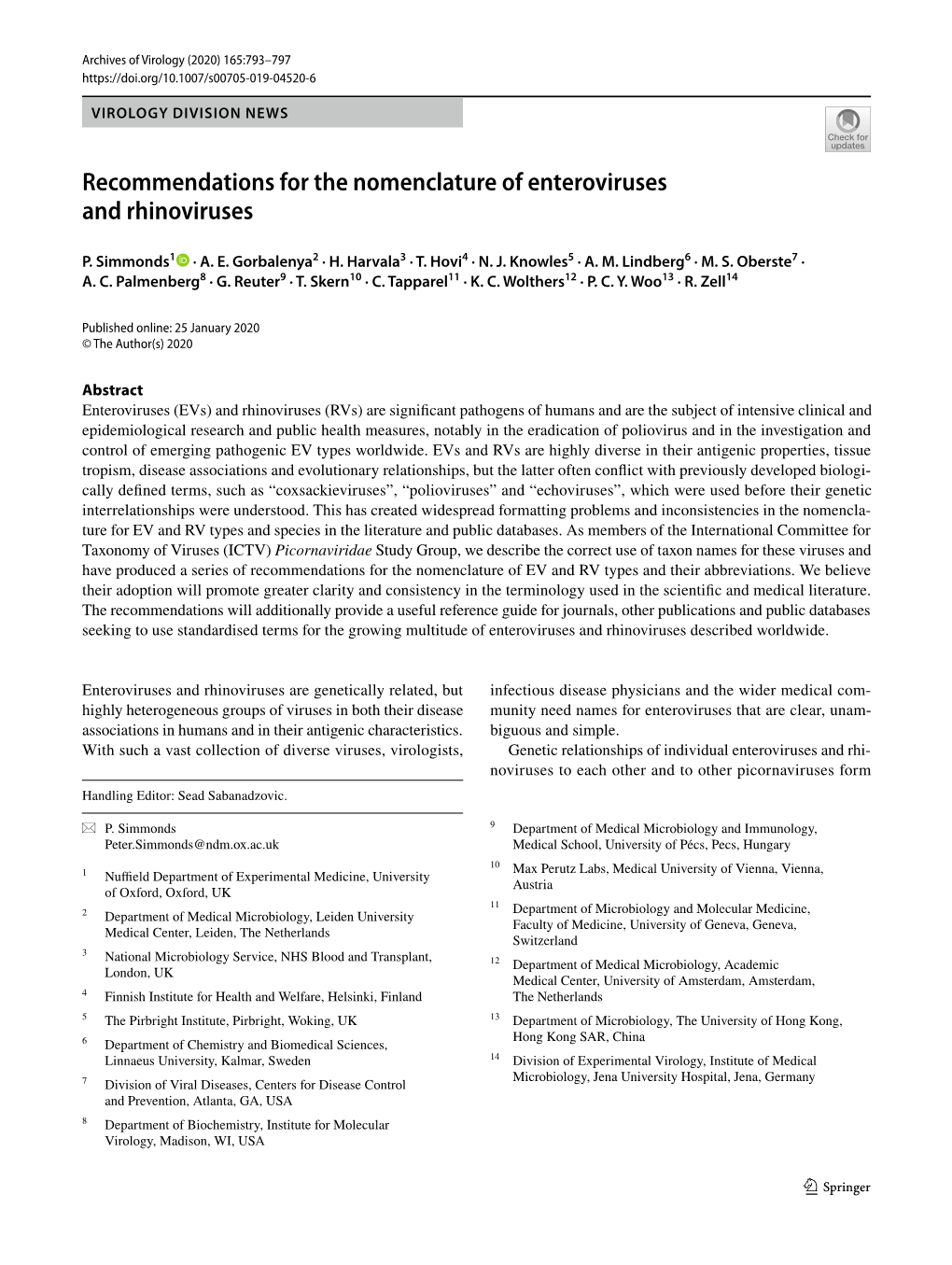 Recommendations for the Nomenclature of Enteroviruses and Rhinoviruses