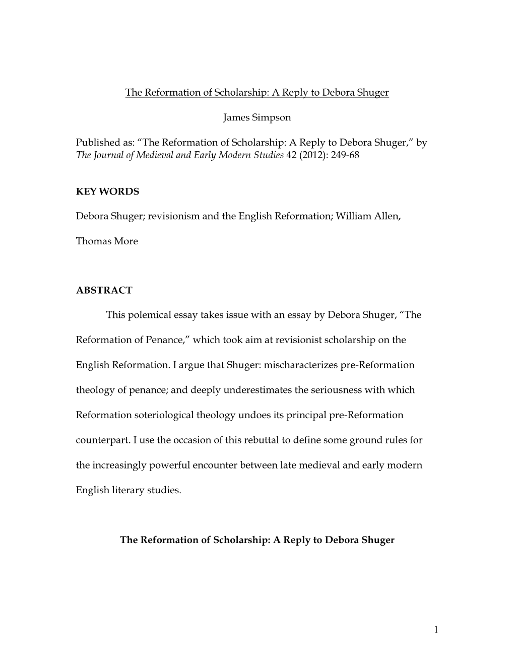 The Reformation of Scholarship: a Reply to Debora Shuger