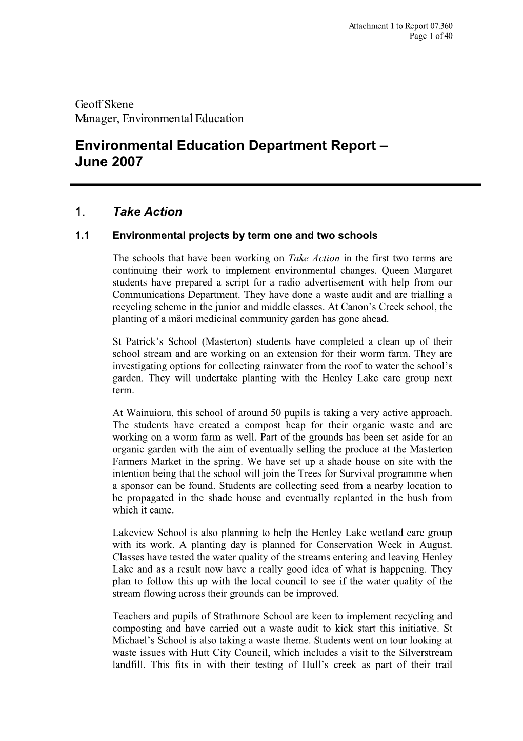 Environmental Education Department Report – June 2007