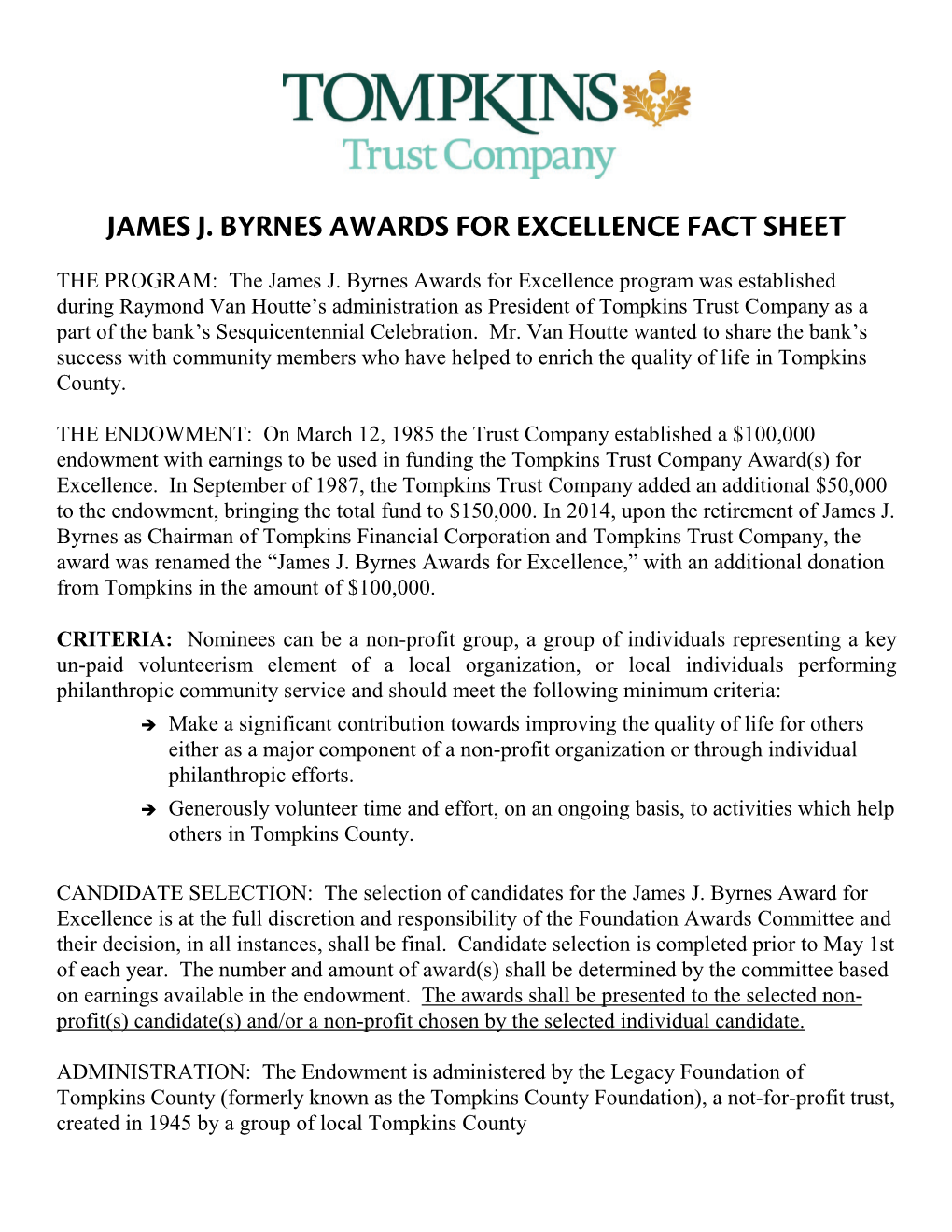 James J. Byrnes Awards for Excellence Fact Sheet