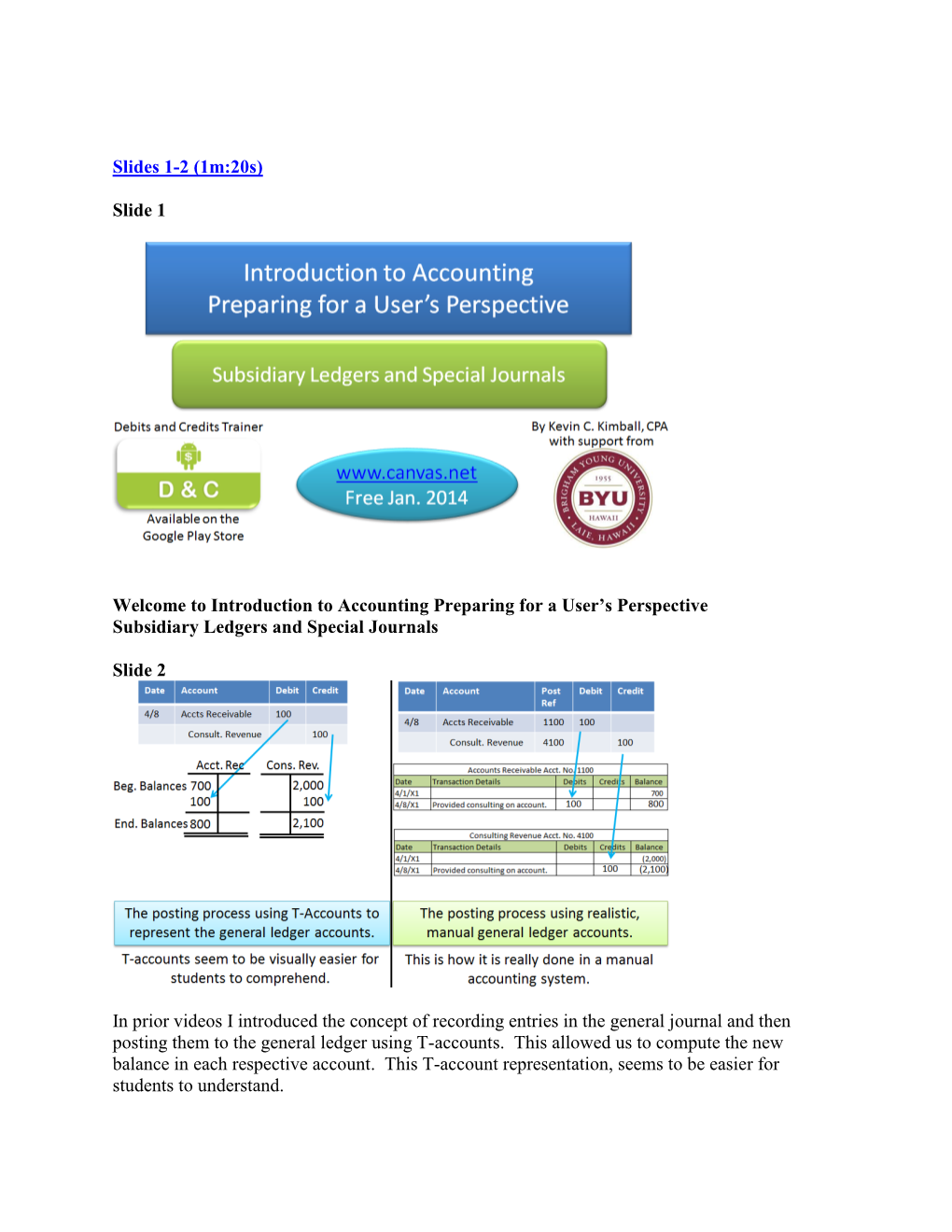 Slides 1-2 (1M:20S) Slide 1 Welcome to Introduction to Accounting Preparing for a User's Perspective Subsidiary Ledgers and Sp