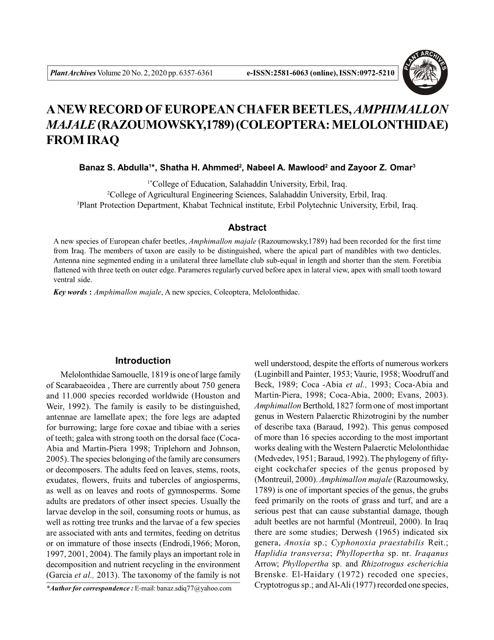 A New Record of European Chafer Beetles, Amphimallon Majale(Razoumowsky,1789)