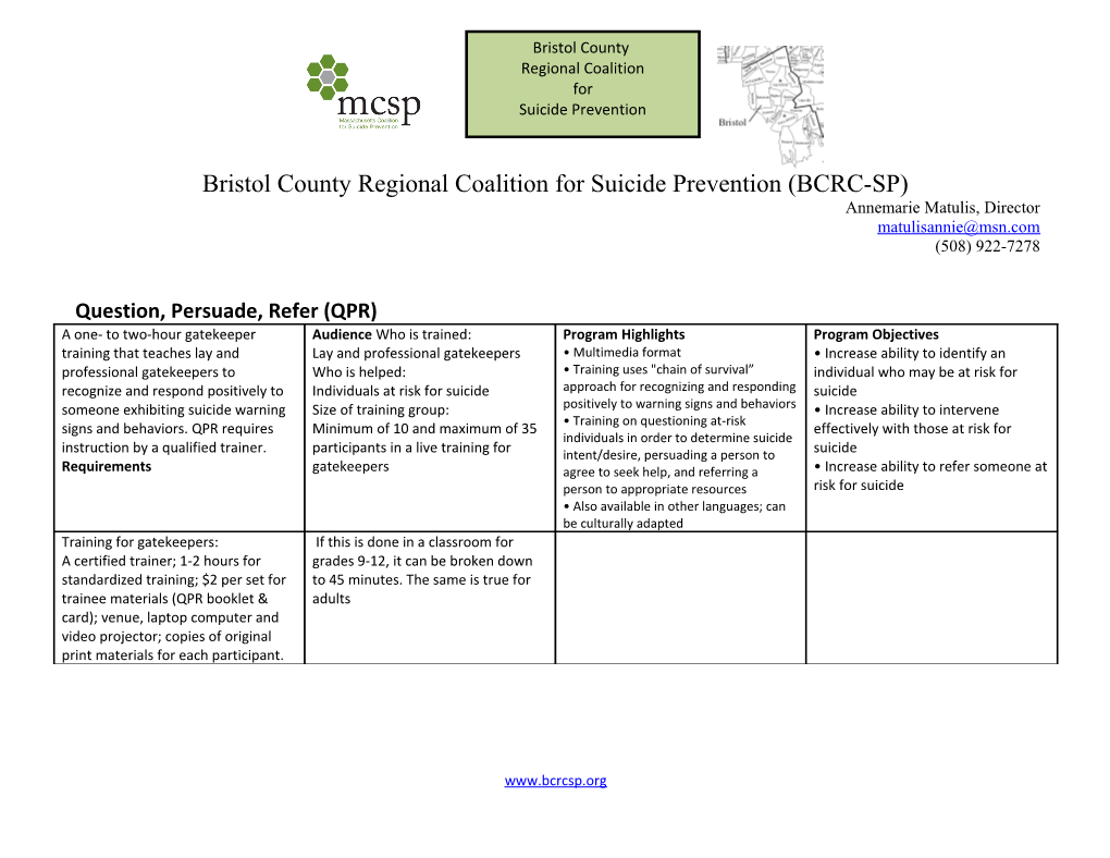 Bristol County Regional Coalition for Suicide Prevention (BCRC-SP)