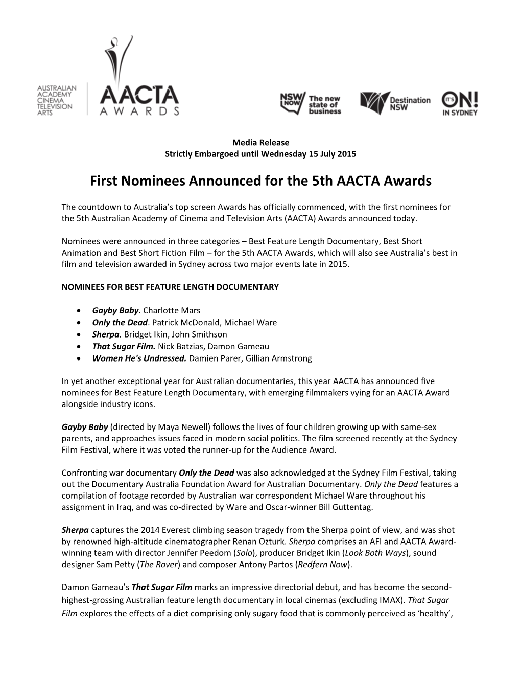 First Nominees Announced for the 5Th AACTA Awards