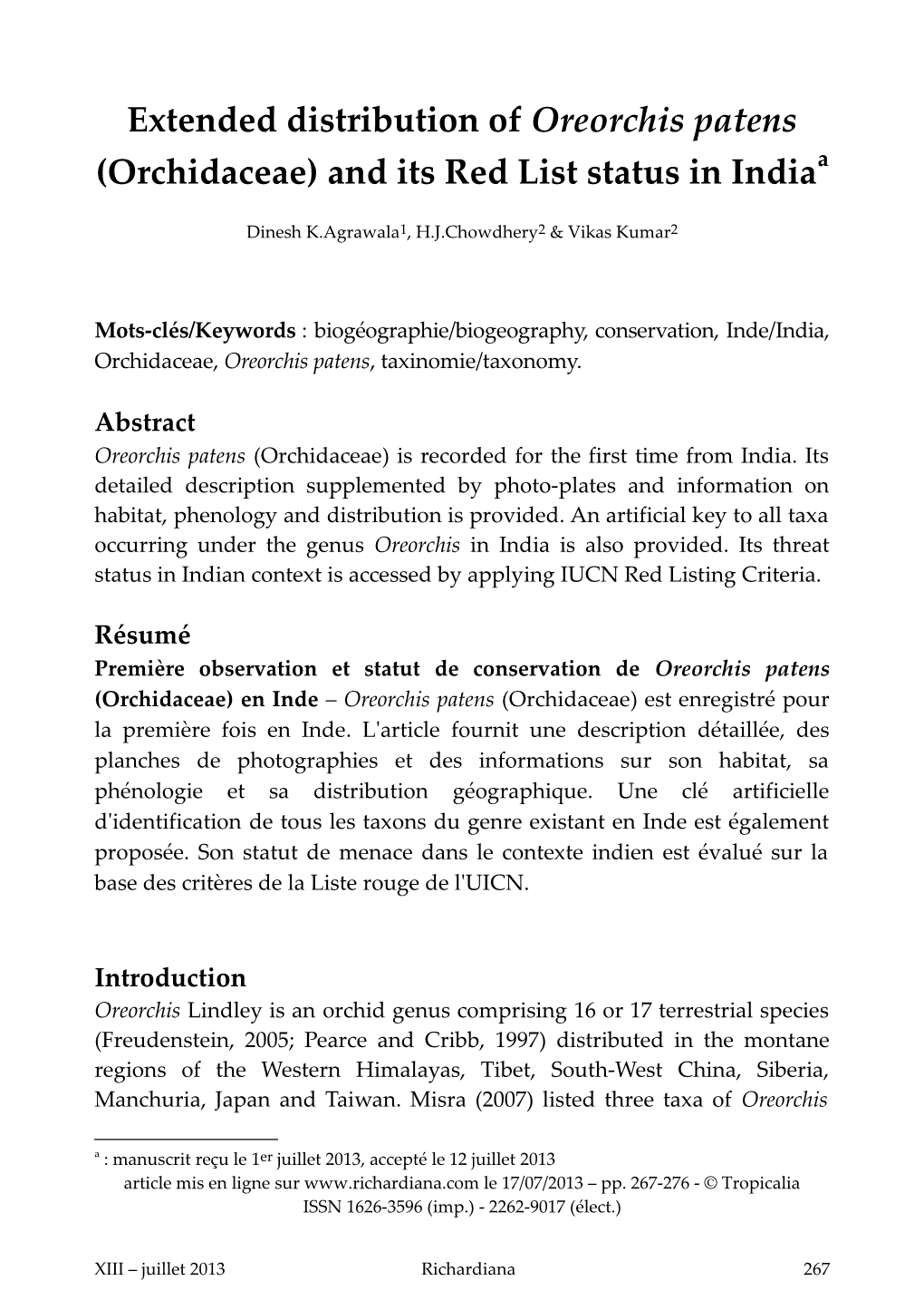 Extended Distribution of Oreorchis Patens (Orchidaceae) and Its Red List Status in Indiaa