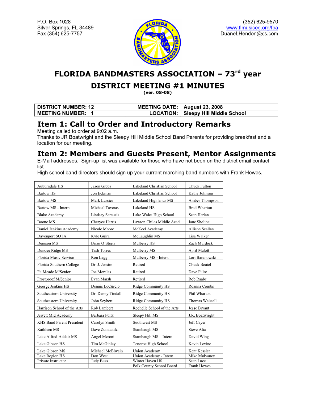 73Rd Year DISTRICT MEETING #1 MINUTES Item 1