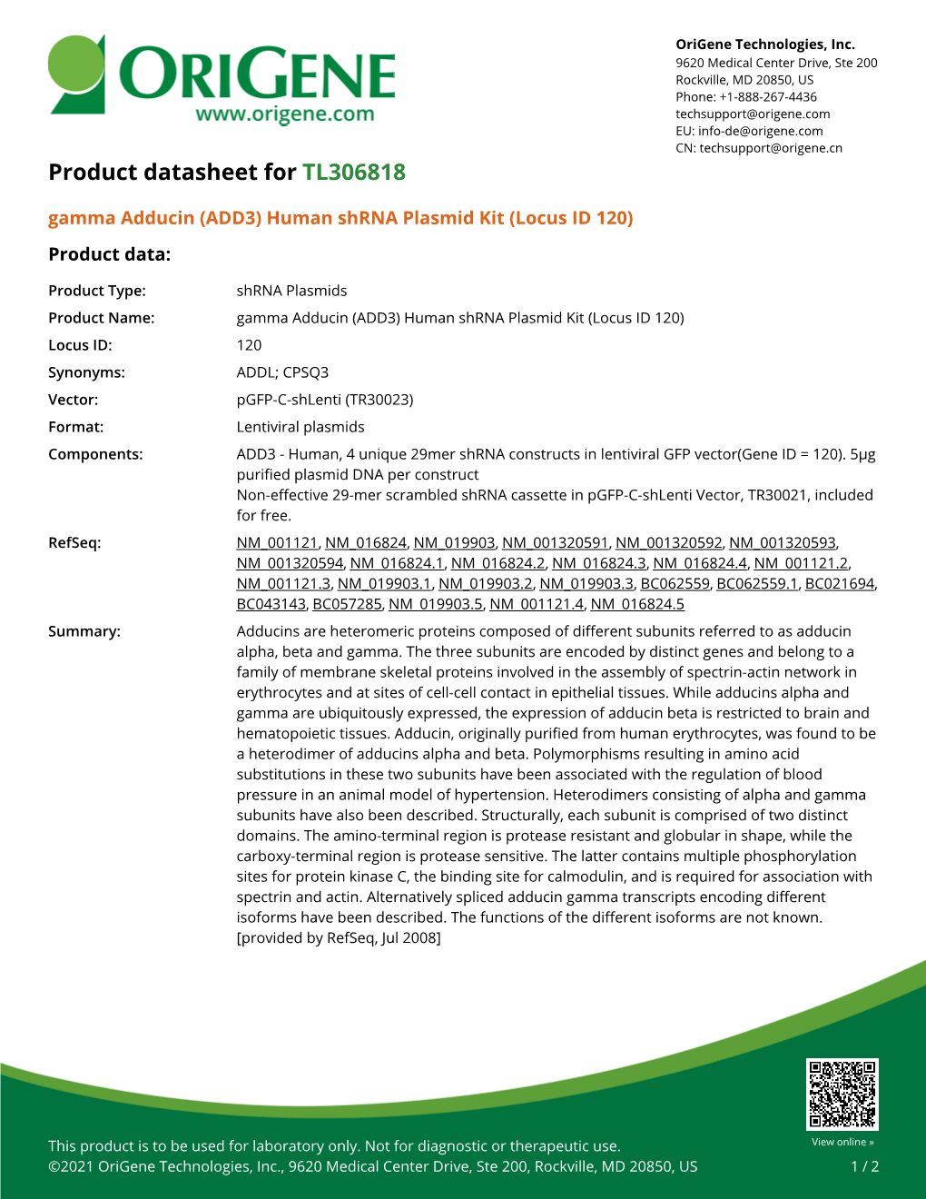 ADD3 Human Shrna Plasmid Kit (Locus ID 120) – TL306818 | Origene