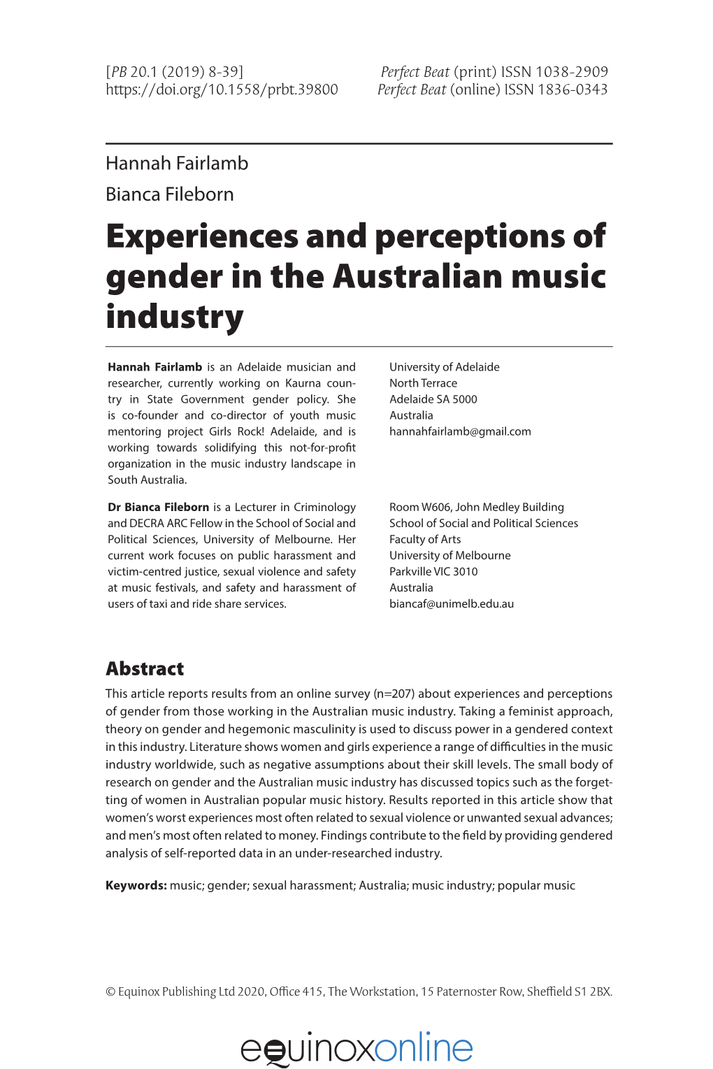 Experiences and Perceptions of Gender in the Australian Music Industry